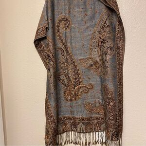 Light blue paisley embroidered scarf Cape wrap poncho shawl shrug fringe 74x28